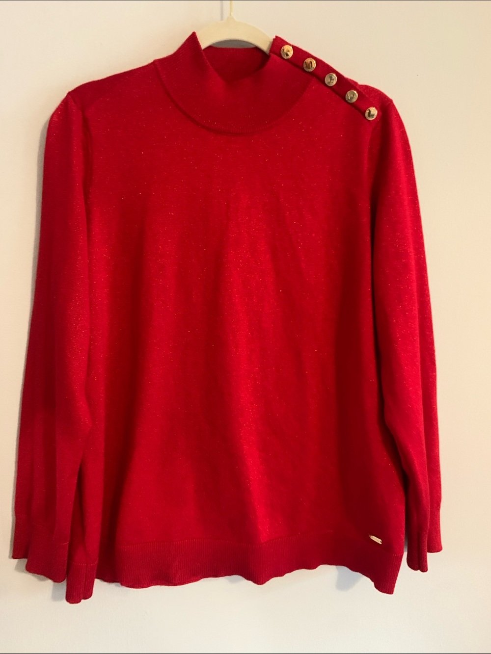 CALVIN KLEIN Red Sparkle Turtleneck Sweater with Shoulder Buttons